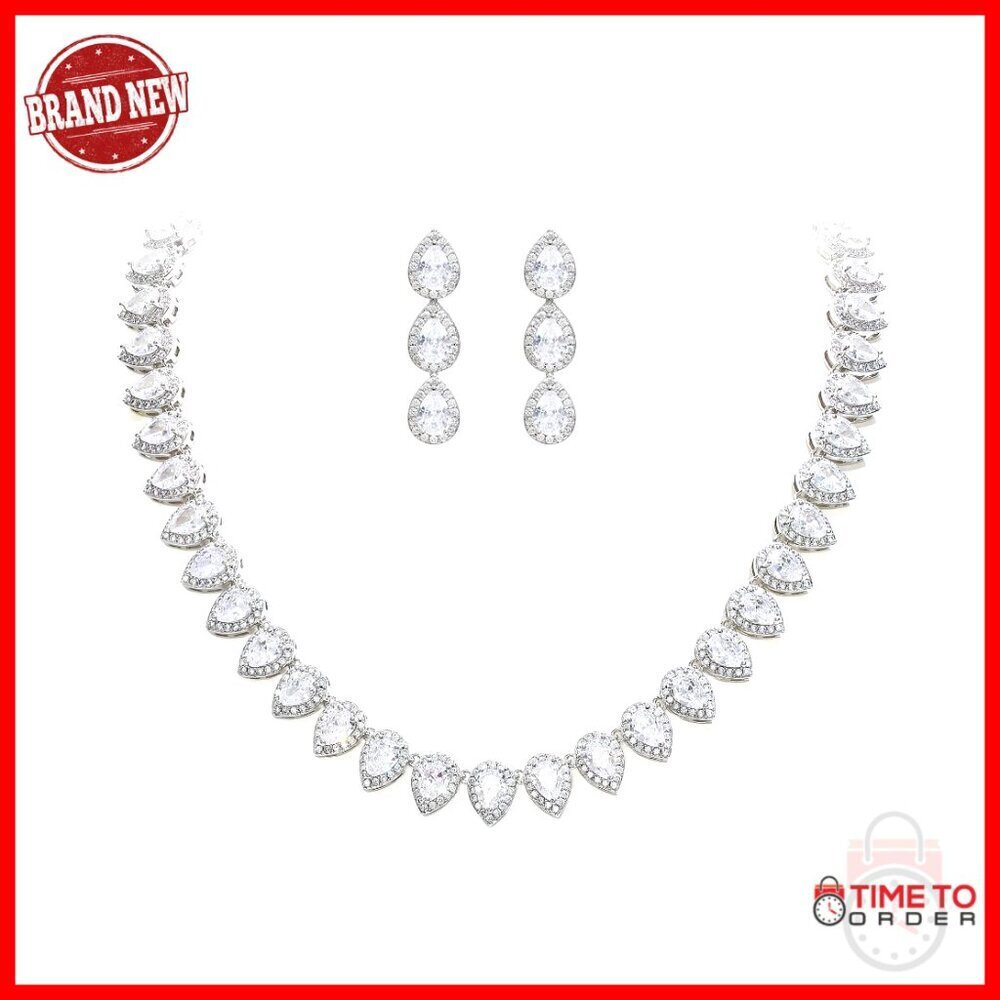 Cubic Zirconia Teardrop Bridal Set, Prong-Setting, Lobster Clasp, Adjustable